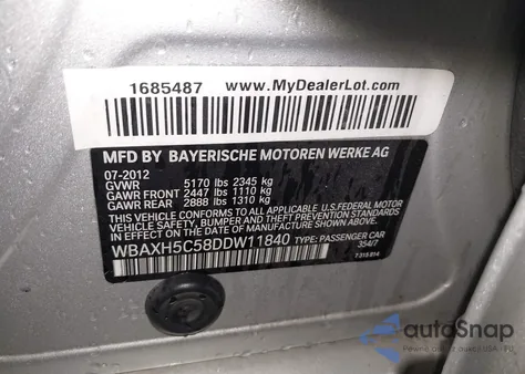 2013 BMW 528I xDrive из США, поврежденный, VIN WBAXH5C58DDW11840